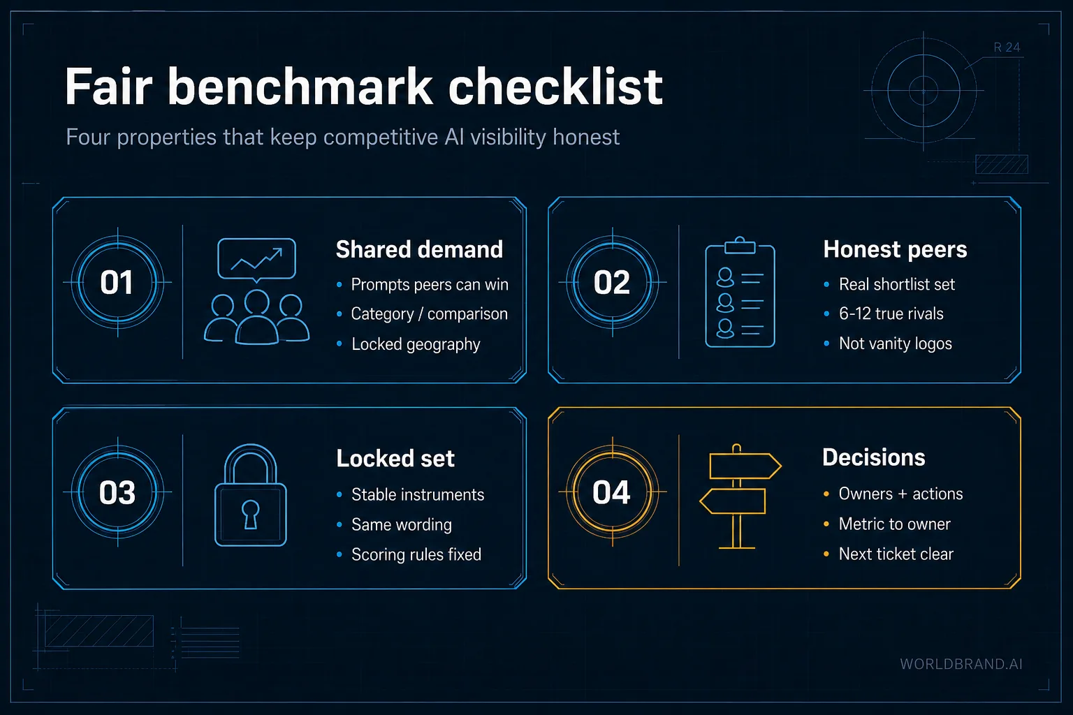 Fair AI visibility benchmarks need shared demand, honest peers, locked instruments, and decision linkage.
