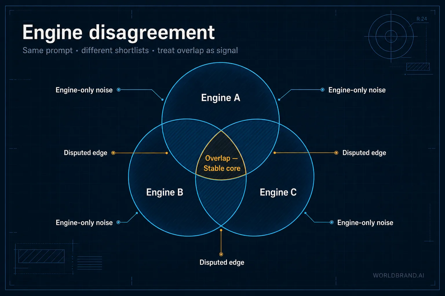Engine disagreement heatmap concept: overlap is partial across assistants on the same prompts.