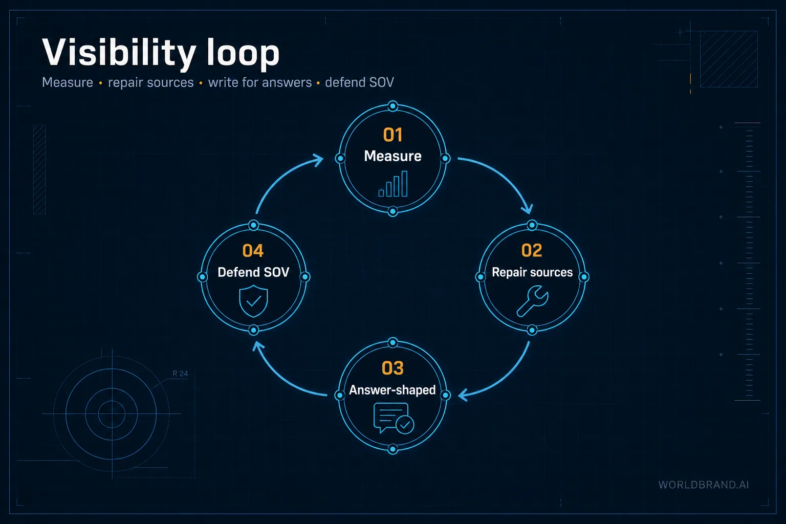 Visibility loop: Measure, repair sources, answer-shaped content, defend share of voice.